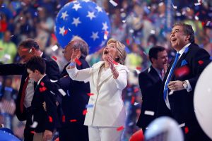 PHILADELPHIA, PA - JULY 28: Democratic presidential candidate Hillary Clinton watches balloons drop at the end of the fourth day of the Democratic National Convention at the Wells Fargo Center, July 28, 2016 in Philadelphia, Pennsylvania. Democratic presidential candidate Hillary Clinton received the number of votes needed to secure the party's nomination. An estimated 50,000 people are expected in Philadelphia, including hundreds of protesters and members of the media. The four-day Democratic National Convention kicked off July 25. (Photo by Aaron P. Bernstein/Getty Images)