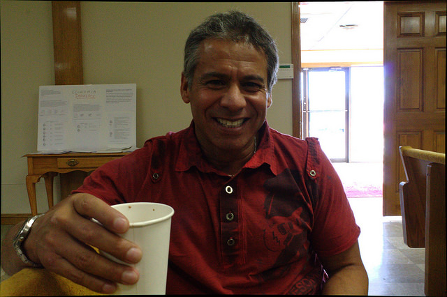 Mauricio Guildez, a Colombian immigrant in Manchester, took a break from the Latino voting workshop to talk about how immigrants really benefitted America with their hard work ethic. Photo by Alexandra Zuccaro 