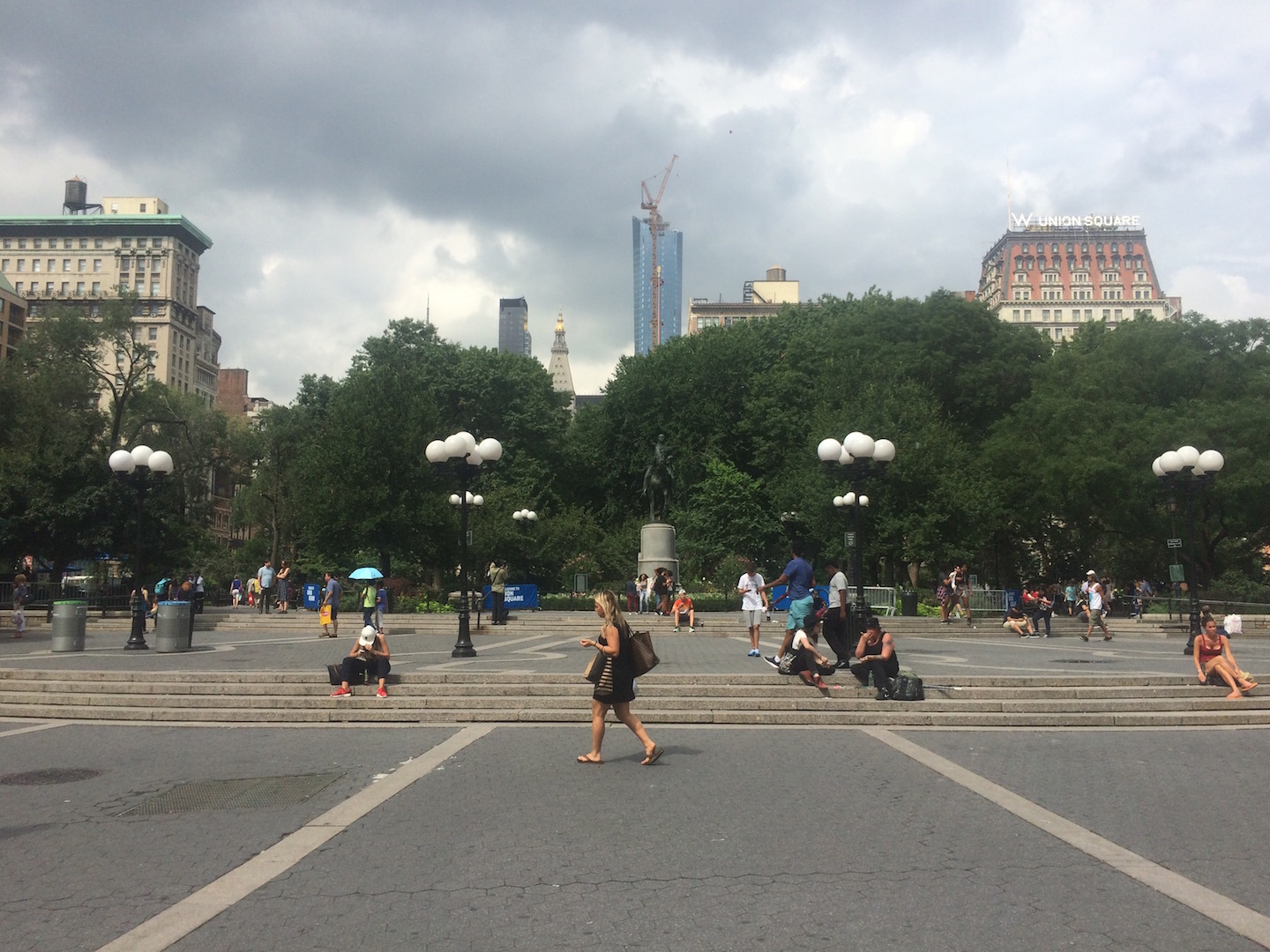 An overcast Day in Union Square with the George Washington statue in the background.