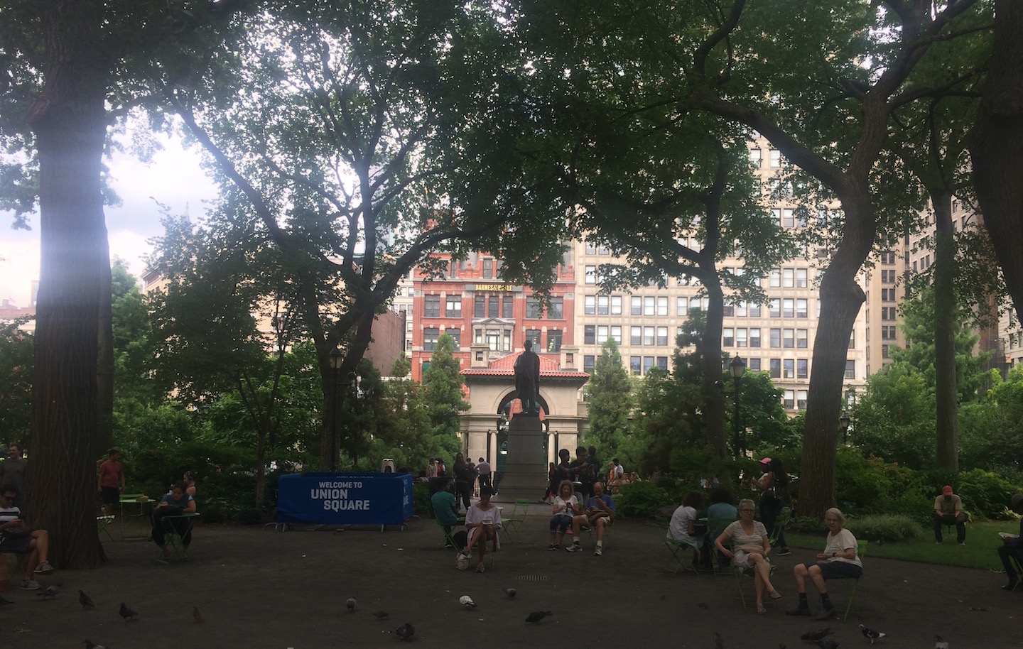 Inside the parks of Union Square with spectators watching the pigeons and enjoying the shade of the trees.