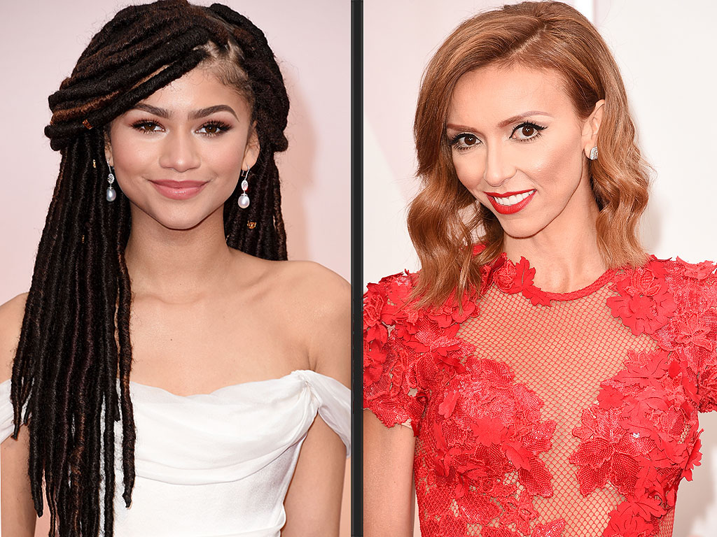 Zendaya (left) wearing dreadlocks at the 2015 Oscars shown next to Giuilana Rancic (right).